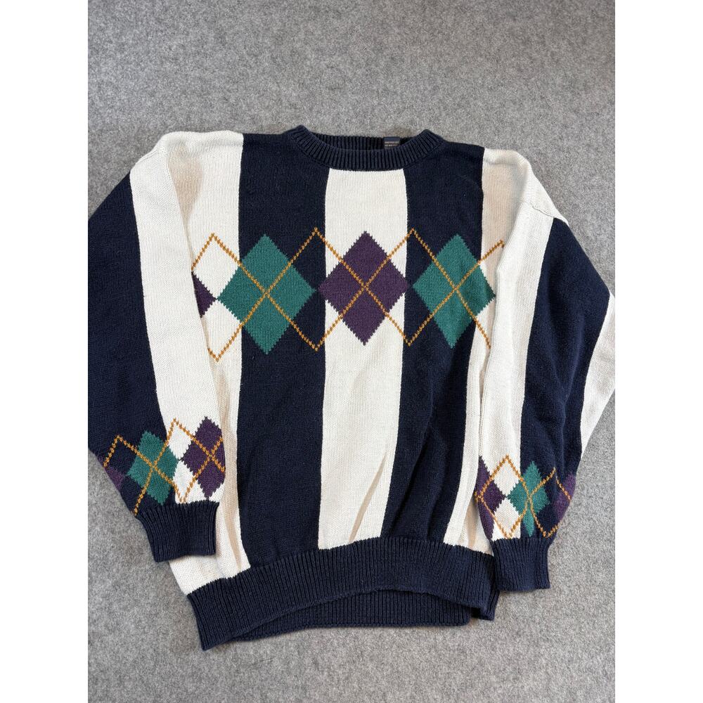 Vintage 90s New River J. Riggings Argyle Striped Sweater Mens M Blue Ramie Blend